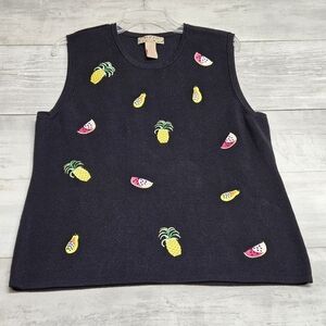Vtg. Womens Vest Sleeveless Tank Top 2X Black Embroidered Pineapple Melon Retro